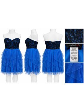 Teeze Me Royal Blue and Black Lace Strapless Tulle Party Dress Size 13 sku-pp